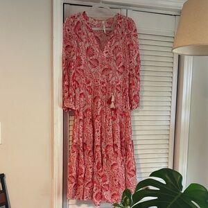 Anthropologie Pink Patterned Long Sleeve Midi Dress